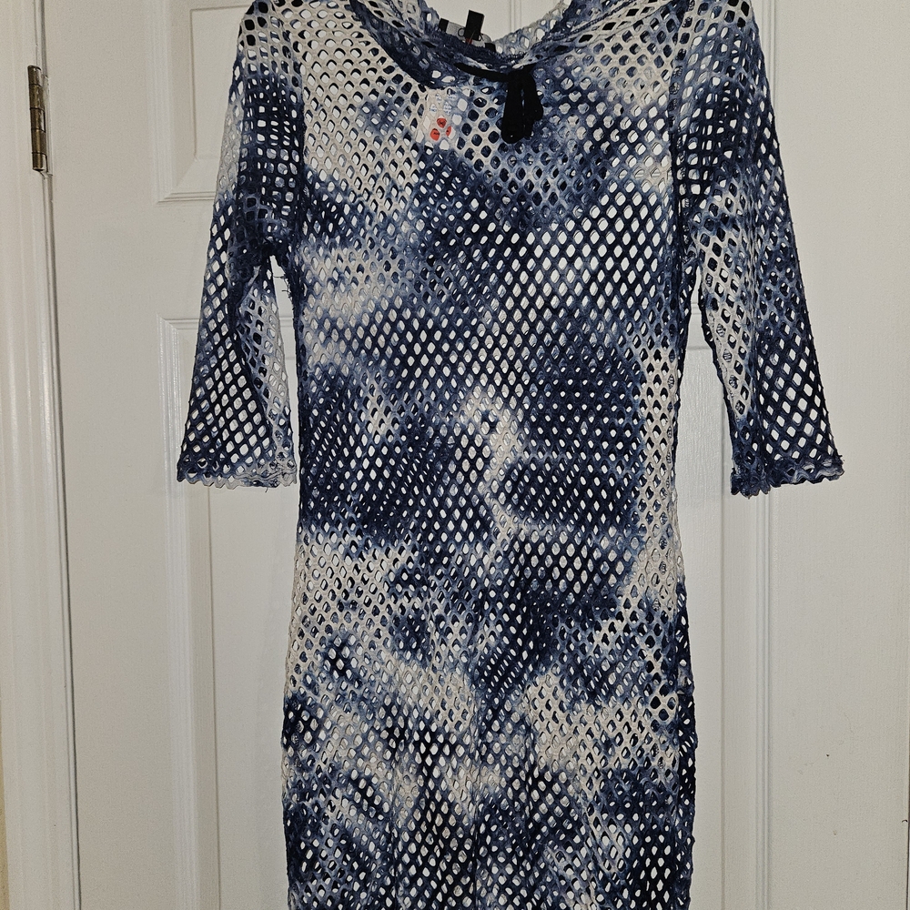 Cleo Navy and White Long-Sleeve Mesh Tie-Dye Dress